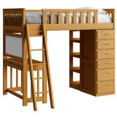 Solid Wood Versa Loft Set: Loft Bed Twin XL, desk top with full width drawer, cork board / white board, 6 drawer chest, 4 shelf bookcase