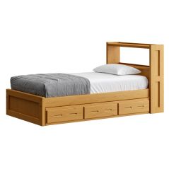 Solid Wood Platform Bed - Panel Design - w Bookcase HB n 3 Drawer unit - Twin - Natural