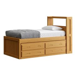 Solid Wood Captain Bed - Panel Design - w Bookcase HB n 4 Drawer unit - Twin - Natural