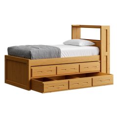 Solid Wood Captain Bed - Panel Design - w Bookcase HB n 3 Drawer unit n Trundle drawer - Twin - Natural