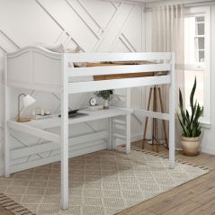 Solid Hardwood Loft Bed w Long Desk and Vertical Ladder on End - Modular Design - Curved - 71" H - Twin - White