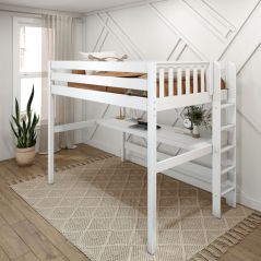 Solid Hardwood Loft Bed w Long Desk and Vertical Ladder on End - Modular Design - Panel - 71" H - Twin - White