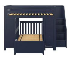 Solid Wood Loft Bed w Dresser, Bookcase, Desk, Platform Bed and Staircase, All in One Design, Twin size, Blue