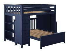 Solid Wood Loft Bed w Dresser, Bookcase, Platform Bed and Staircase, All in One Design, Full over Full size, Blue