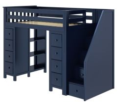 Solid Wood Loft Bed w Dressers, Bookcase and Staircase, All in One Design, Twin size, Blue