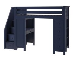 Solid Wood Loft Bed w Storage, Desk and Staircase, All in One Design, Twin size, Blue