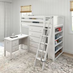 Solid Hardwood Storage Loft Bed w Angle Ladder, Desk, 5 Drawers and Bookcase - Modular Design