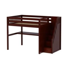 Solid Hardwood Loft Bed w Staircase and Long Desk - Modular Design - Slatted - 71" H - Queen - Chestnut