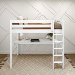 Solid Hardwood Loft Bed w Vertical Ladder, Long Desk and Drawers Dresser - Modular Design - Panel - 71" H - Twin - White