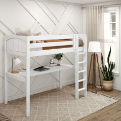 Solid Hardwood Loft Bed w Vertical Ladder and Long Desk - Modular Design - Panel - 71" H - Twin - White