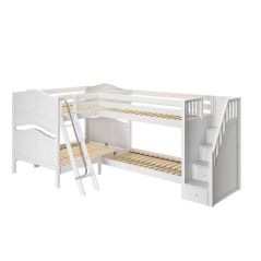 Solid Hardwood Corner Bunk Bed w A-Ladder n Stairs - Modular Design - Curved - 66" H - Full/Full plus Twin/Twin - White