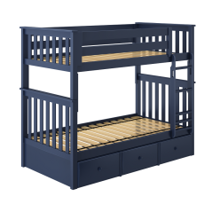 Solid Wood Bunk Bed w Underbed Drawers, All In One Design, Twin over Twin size, Blue