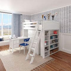 Solid Hardwood Storage Loft Bed w Angled Ladder, Dresser, Desk and 2 Bookcases - Modular Design - Panel - 71" H - Full - White