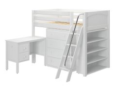 Solid Hardwood Storage Loft Bed w Angle Ladder, Desk, 4 Drawers and Bookcase - Modular Design - Panel - 61" H - Twin - White