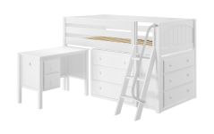 Solid Hardwood Storage Loft Bed w Angle Ladder, Desk and 2 Dressers - Modular Design - Panel - 51" H - Twin - White