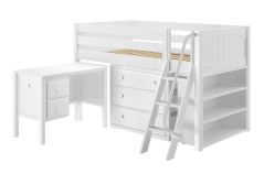 Solid Hardwood Storage Loft Bed w Angle Ladder, Desk, 3 Drawers and Low Bookcase - Modular Design - Panel - 51" H - Twin - White