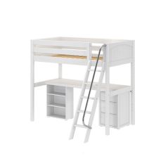 Solid Hardwood Storage Loft Bed w Angled Ladder, Long Desk, Bookcase & Nightstand - Modular Design - Panel - 71" H - Twin - White