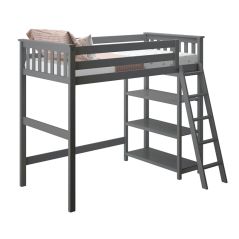 Solid Wood Loft Bed w Angle Ladder and Bookcase - One Box Design - Twin - Grey