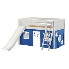 Solid Hardwood Loft Bed w Angle Ladder, Slide and Curtain - Modular Design - Panel - 51" H - Twin - Blue/White - White