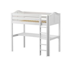 Solid Hardwood Loft Bed w Vertical Ladder and Long Desk - Modular Design - Curved - 71" H - Twin - White