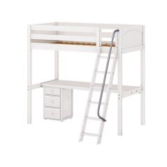 Solid Hardwood Loft Bed w Angle Ladder, Long Desk and Drawers Dresser - Modular Design - Panel - 71" H - Twin - White