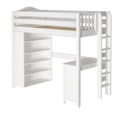 Solid Hardwood Storage Loft Bed w Vertical Ladder, Desk and Bookcase - Modular Design - Curved - 71" H - Twin - White