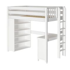 Solid Hardwood Storage Loft Bed w Vertical Ladder, Desk and Bookcase - Modular Design - Panel - 71" H - Twin - White