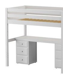 Solid Hardwood Loft Bed w Long Desk, 2 Drawers Dressers and Vertical Ladder on End - Modular Design - Panel - 71" H - Twin - White