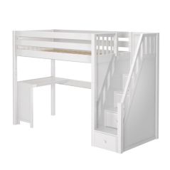 Solid Hardwood Loft Bed w Staircase and Corner Desk - Modular Design - Panel - 71" H - Twin - White