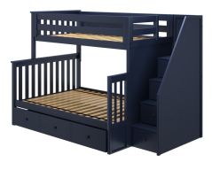Solid Wood Bunk Bed w Staircase and Trundle, All In One Design, Twin over Full size, Blue