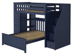 Solid Wood Loft Bed w Dresser, Bookcase, Platform Bed and Staircase, All in One Design, Twin over Full size, Blue