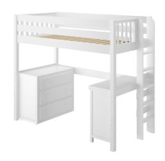 Solid Hardwood Loft Bed w Vertical Ladder, 3 Drawers Dresser and Corner Desk - Modular Design - Slatted - 71" H - Twin - White