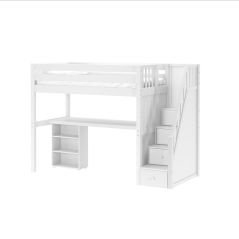Solid Hardwood Storage Loft Bed - Staircase, Long Desk and Bookcase - Modular Design - Panel - 71" H - Twin - White