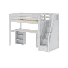 Solid Hardwood Storage Loft Bed - Staircase, Long Desk, Bookcase and Nightstand - Modular Design - Panel - 71" H - Twin - White