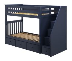 Solid Wood Bunk Bed w Staircase and Underbed Drawers, All In One Design, Twin over Twin size, Blue
