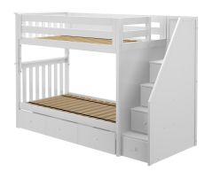Solid Wood Bunk Bed w Staircase and Trundle, All In One Design, Twin over Twin size, White