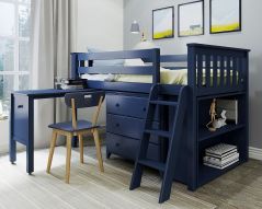 Solid Wood Loft Bed w Angle Ladder, Desk, 3 Drawers Dresser, Bookcase, All in One Design, Twin size, Blue
