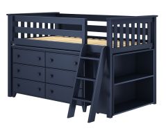 Solid Wood Loft Bed w Angle Ladder, 6 Drawers Dresser, Bookcase, All in One Design, Twin size, Blue